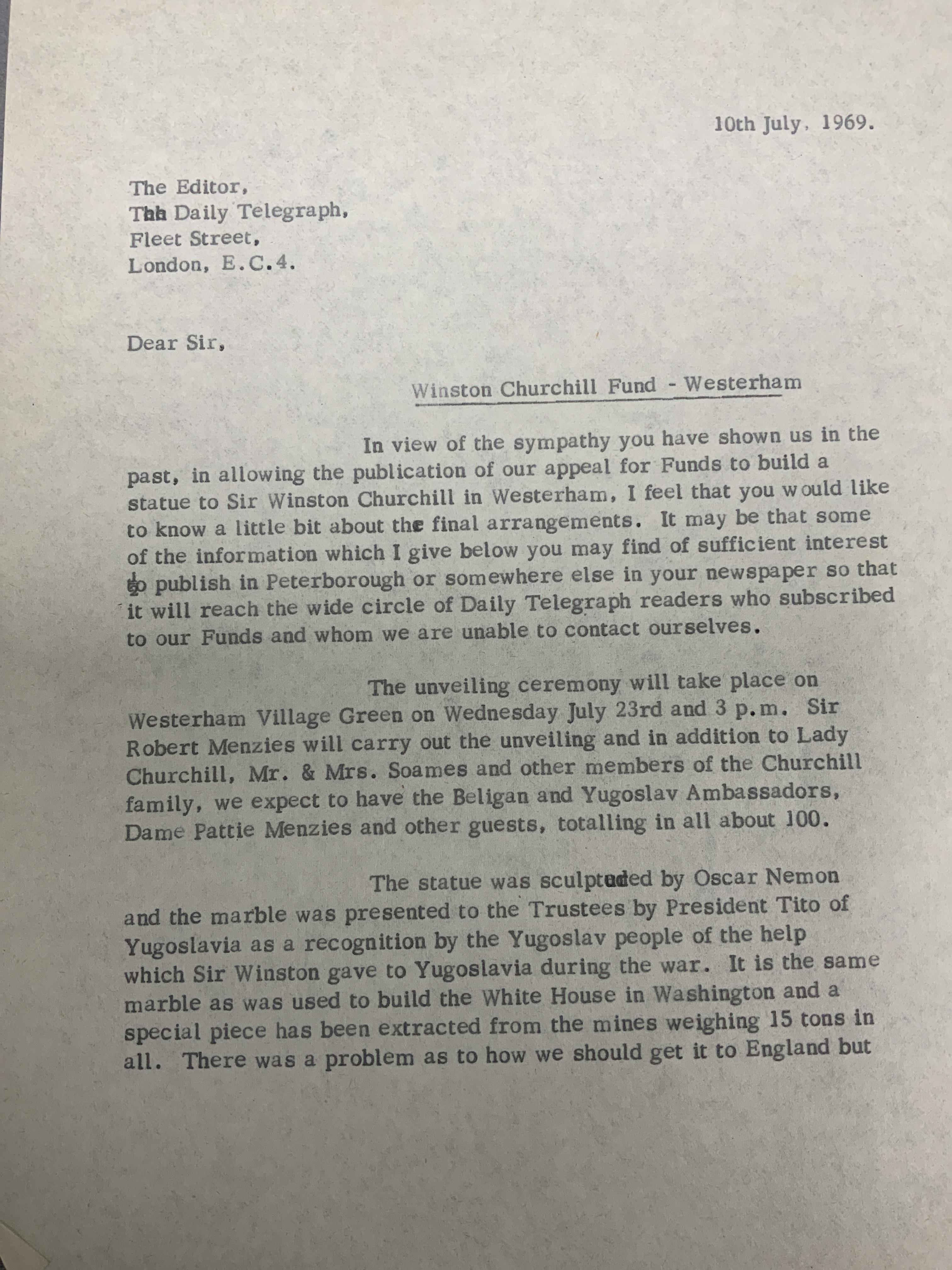 A collection of letters and other memorabilia regarding the unveiling of the Oscar Nemon (1906-1985) bronze statue of the seated figure of Sir Winston Churchill on The Green